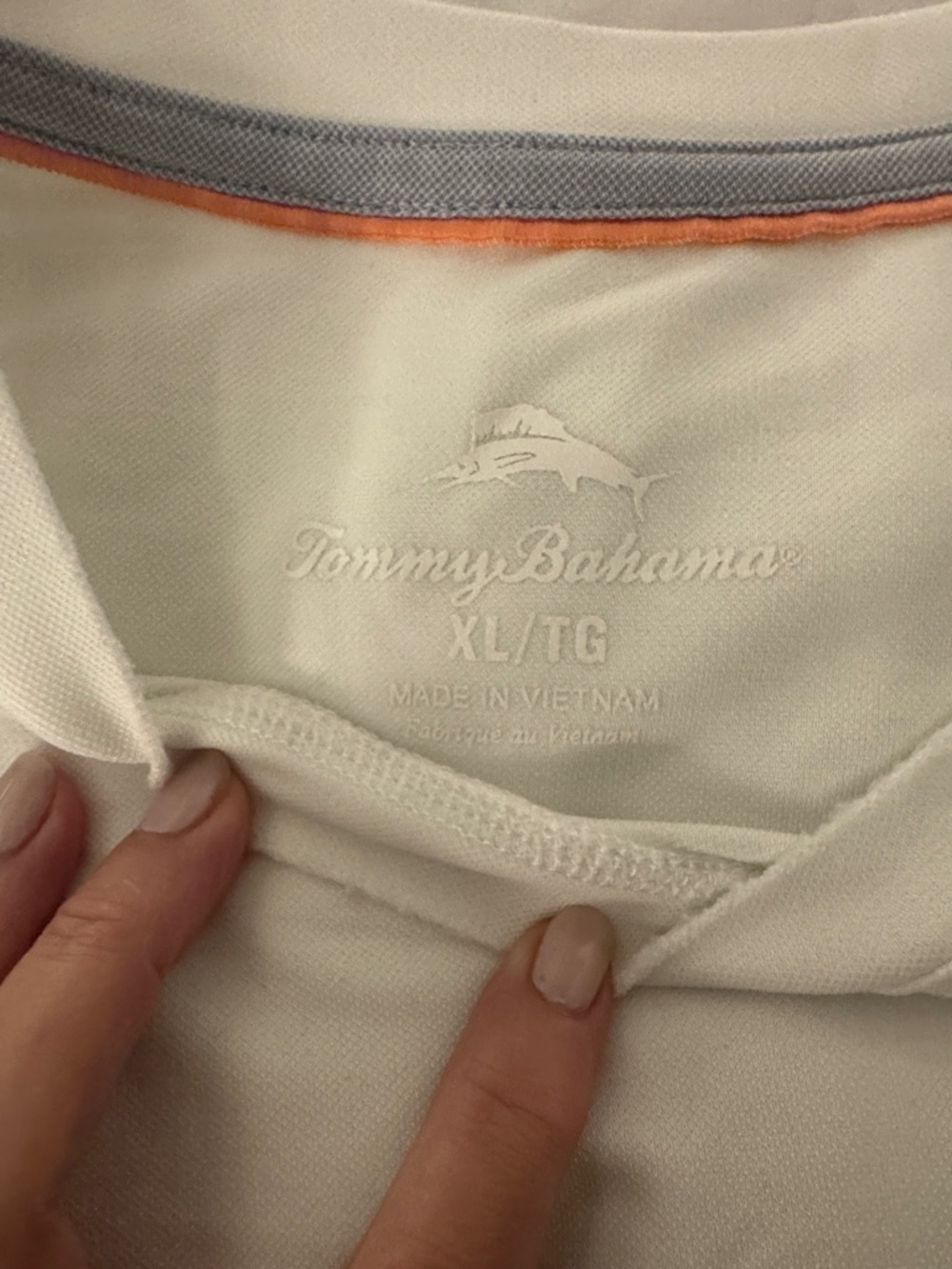 Tommy Bahama White Polo with Gray Neck Trim and Orange Piping